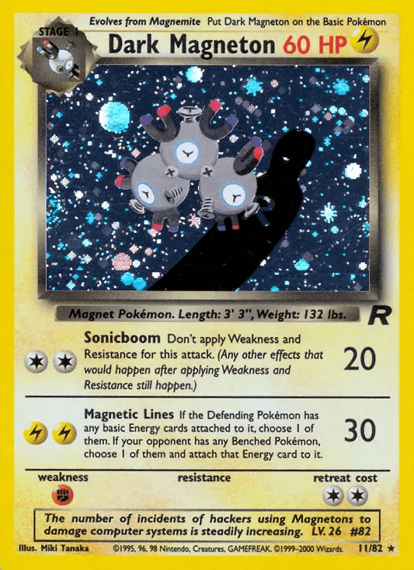 Front design of the Dark Magneton Pokemon Card, with the stats and info around the edge
