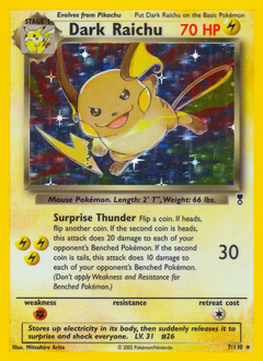 Front design of the Dark Raichu Pokemon Card, with the stats and info around the edge