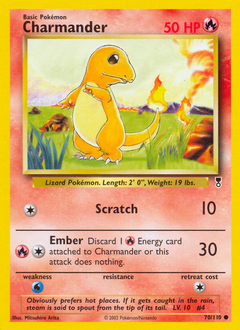 Front design of the Charmander Pokemon Card, with the stats and info around the edge