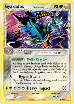 Front design of the Gyarados δ Pokemon Card, with the stats and info around the edge