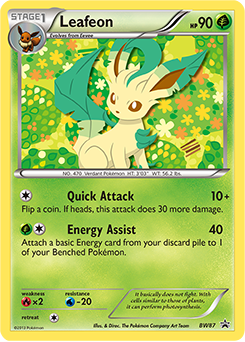 Front design of the Leafeon Pokemon Card, with the stats and info around the edge