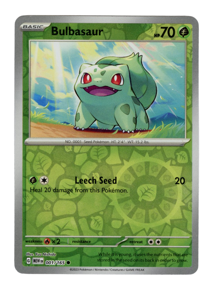 Front design of the Bulbasaur Pokemon Card, with the stats and info around the edge