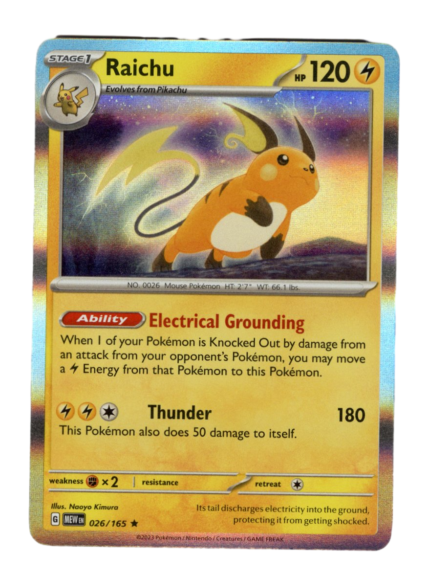 Front design of the Raichu Pokemon Card, with the stats and info around the edge