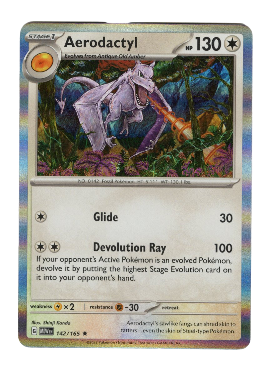 Front design of the Aerodactyl Pokemon Card, with the stats and info around the edge