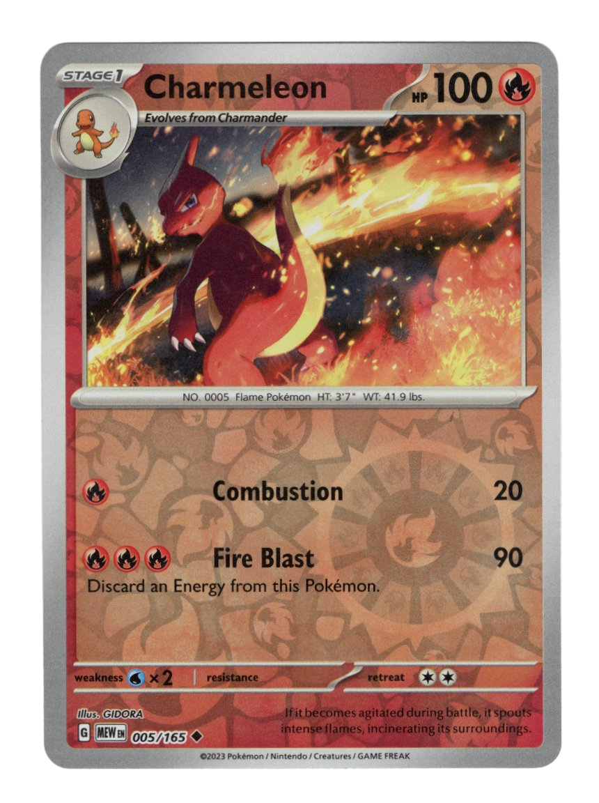 Front design of the Charmeleon Pokemon Card, with the stats and info around the edge