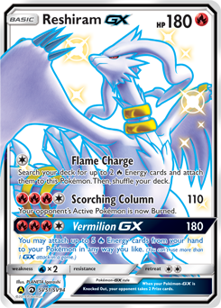 Front design of the Reshiram-GX Pokemon Card, with the stats and info around the edge